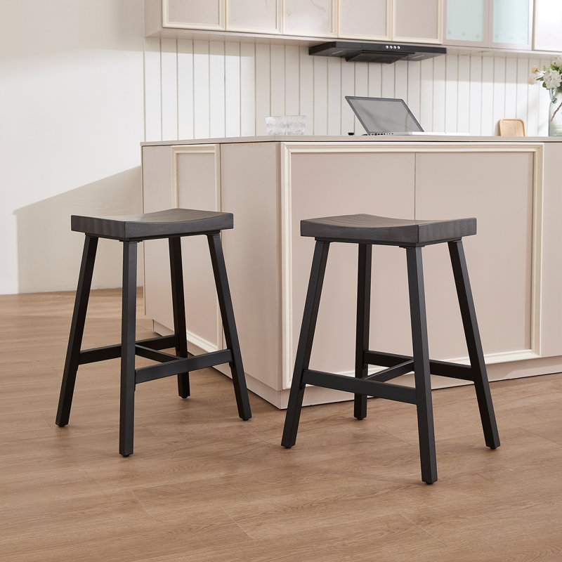 Tabouret de bar en bois massif sans dossier, tabouret de selle avec repose-pieds d'une hauteur de 26 po, Noir, 2