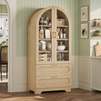 71" High Arched Cabinet With Glass Doors,  Storage Wooden Pantry With 4 Shelves & 2 Drawers, With LED Lighting