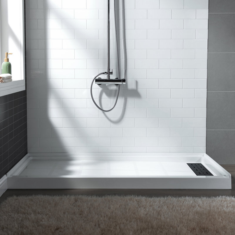 60" x 36" Solid Surface Single Threshold Shower Pan Base with Drain Assembly & Drain Cover Included, Non-Slip, Right