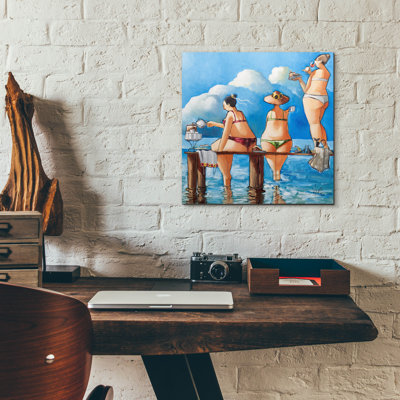 Art mural en verre épique «Tea Break On The Jetty» par Ronald West, 12 po x 12 po