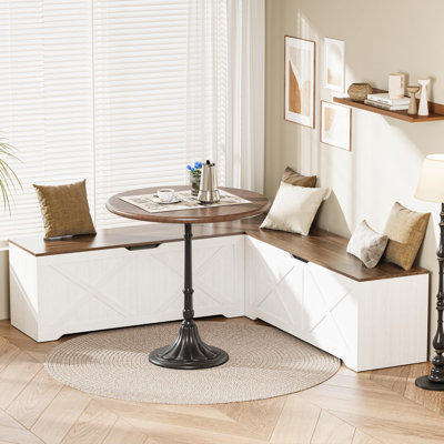 Banc de rangement en forme de L, banc d'angle 63 po avec rangement, banc d'angle avec 3 compartiments à couvercle rabattable caché, banc de salle à manger sans dossier pour la cuisine, le vestibule, la salle à manger, noyer et blanc