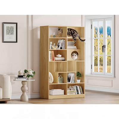 Modern 2 In 1 Wood Bookshelf  Cat House, Cat Tree Display Case With Storage, Cat Litter Box Enclosure Climbing Shelf - Natural