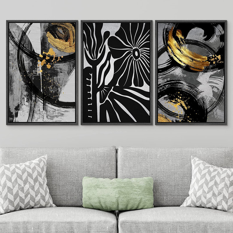 «Tropical Flower Mid-Century Collage Abstract Shapes Illustration», ensemble de 3 impressions sur toile, Noir