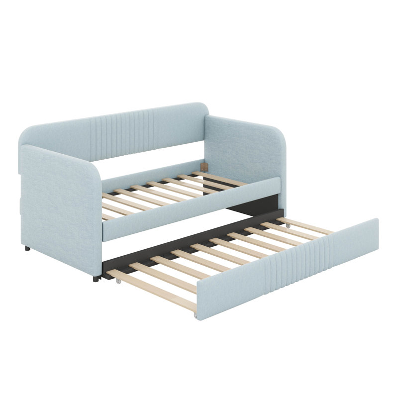 Twin Size Upholstered Daybed With Trundle, Wooden Daybed Frame, Tufted Sofa Bed With Wood Slat Support For Bedroom, Living Room