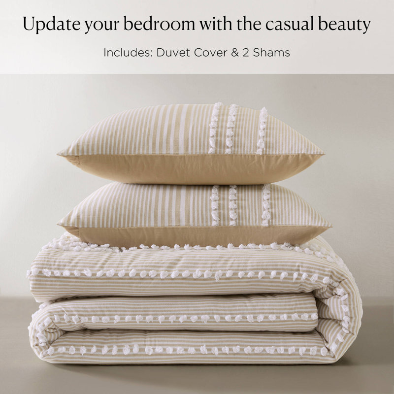 Anslee 100% Cotton Yarn Duvet Cover Set, Full/Queen Duvet Cover + 2 Standard Shams, Beige