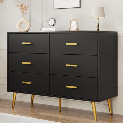 6 Drawer Dresser, Modern Wooden Dresser With Gold Handles And Storage Space