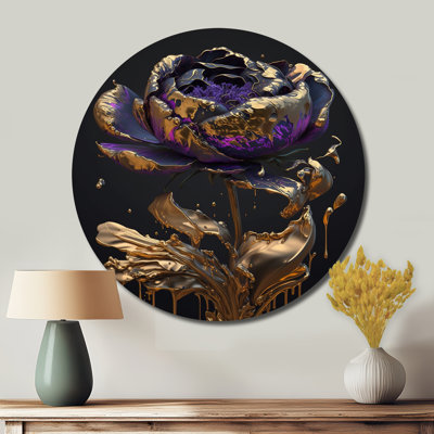 Purple Peony Liquid Gold II - Floral Round Metal Art