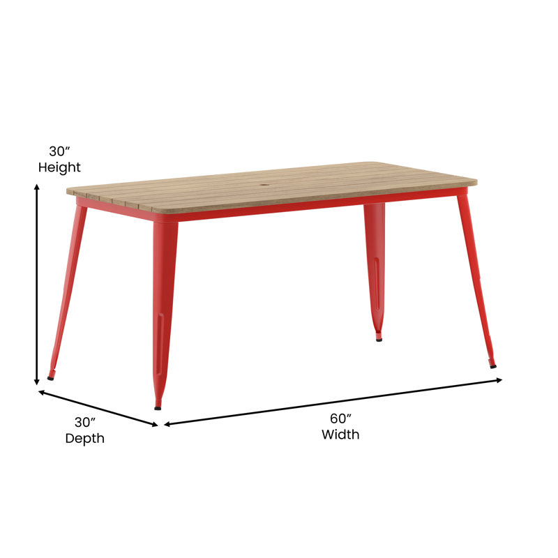 Guenot 30" x 60" Commercial Indoor/Outdoor Poly Resin Restaurant Table with Umbrella Hole, Brown Top/Red Base