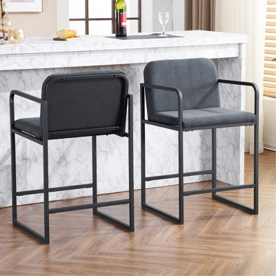 Set Of 2 Modern Upholstered Counter Height Bar Stools With Armrests, Metal Frame, Padded Seat For Comfortable Dining