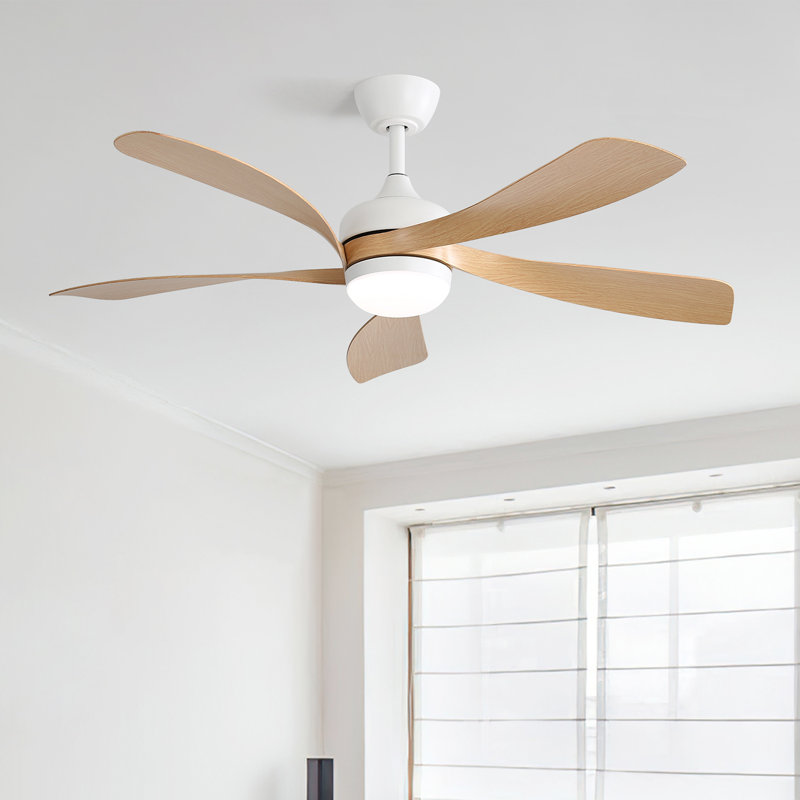 Whisper 52" 5 ABS Blade Propeller Classic Ceiling Fan with LED Lights and Remote Control, White with Burlywood Blades