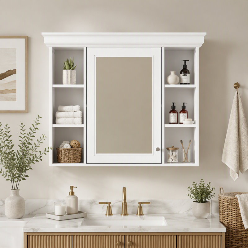 Armoire de rangement murale moderne pour salle de bain de 90 cm (35,5 pouces) avec porte-miroir et 6 tablettes ouvertes