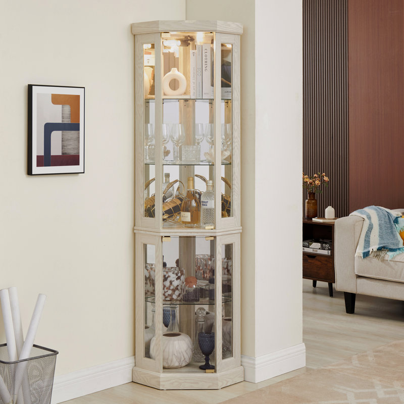Armoire de coin, antique, verre, vitrine pour le salon, objets de collection, rangement pour le vin et le bar, Blanc