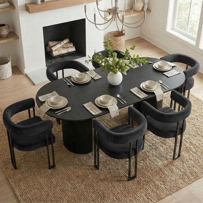 6 - Person Dining Table Sets With Oval Table & 6 Upholstered Velvet Chairs