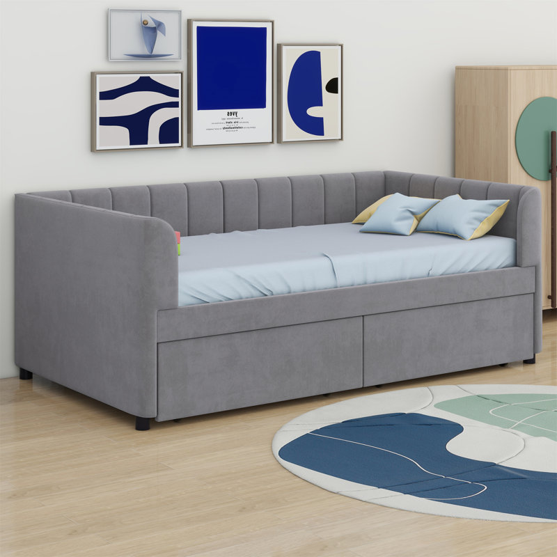 Lit de jour rembourré avec dossier et tiroirs de conception ergonomique, Gris