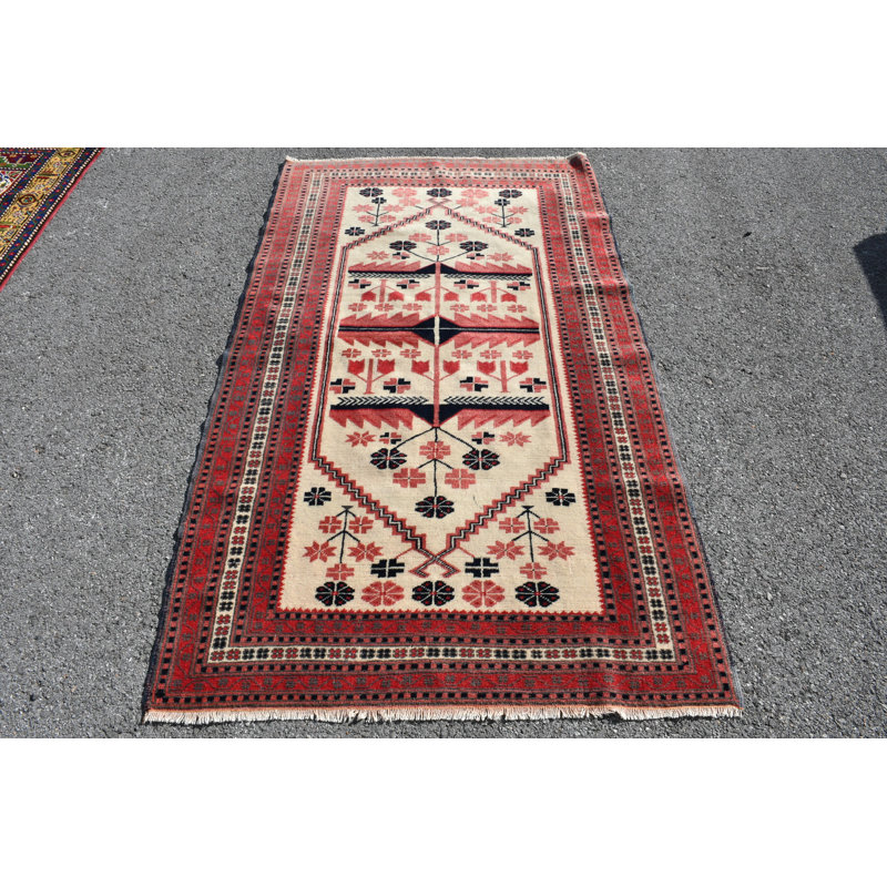 Tapis turc Oushak fait à la main en laine rouge avec motif floral rétro pour décoration rouge / beige