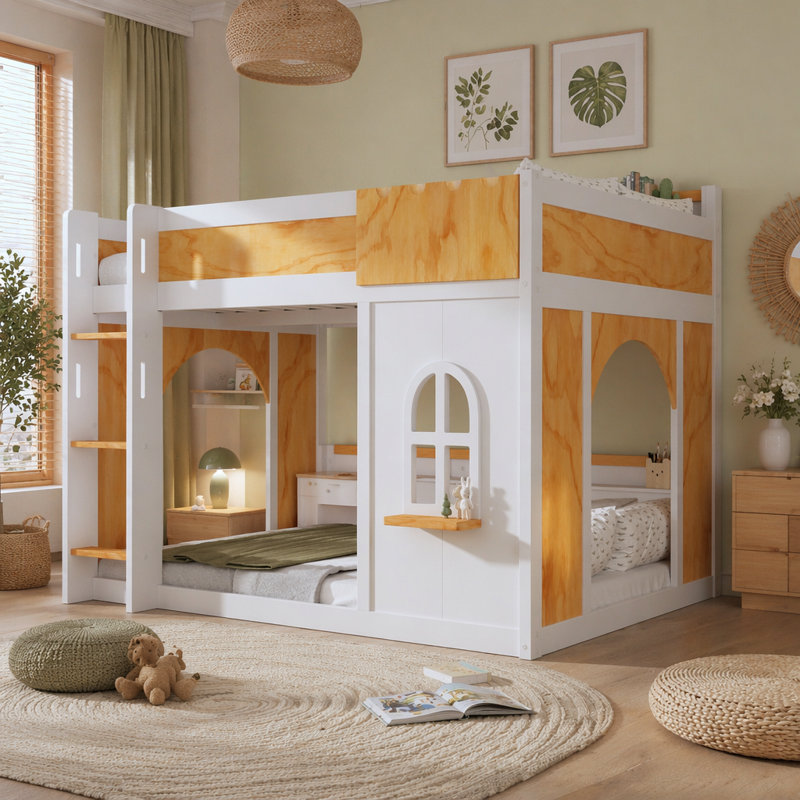 Lit superposé double au-dessus de double avec tablettes de rangement, fenêtre et deux portes, blanc et naturel