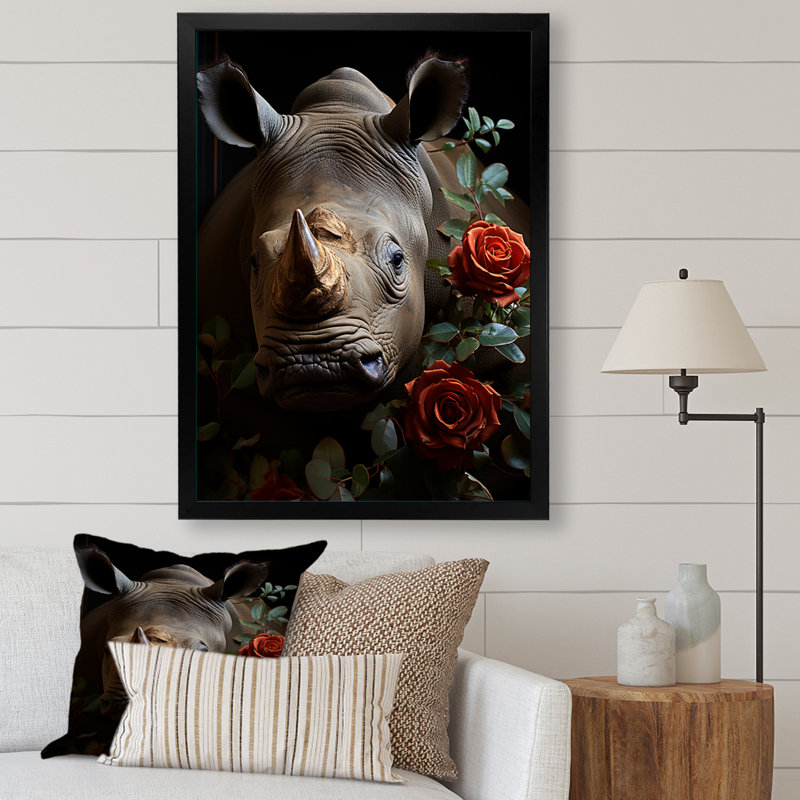 " Rhinoceros Vibrant Portrait ", Black Picture Framed, 20" H x 12" W x 1" D