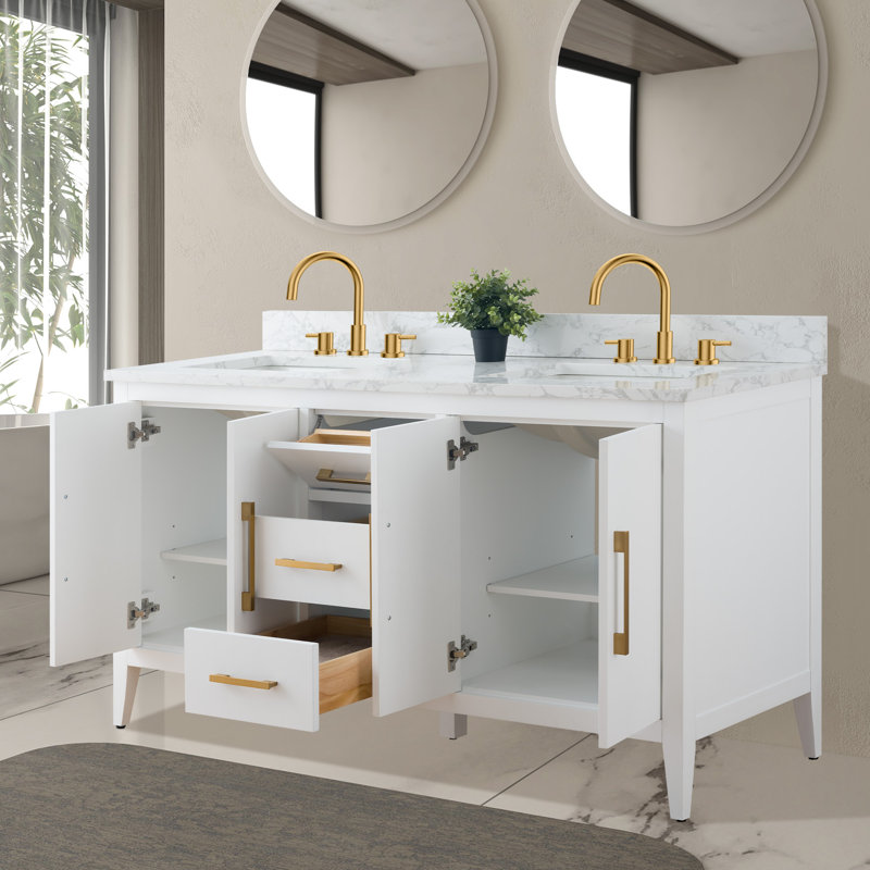 Chambery 60" Double Sink Bathroom Vanity with Engineered Marble Top, White, Brushed Gold