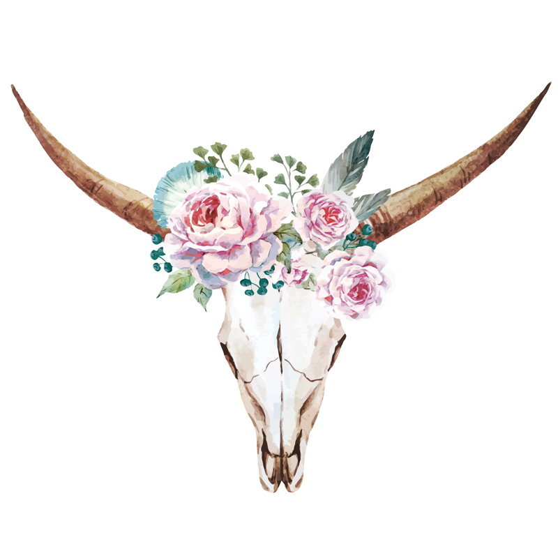Floral Longhorn Skull - Painting Print, 51cm H x 76cm W, Black Floater Framed
