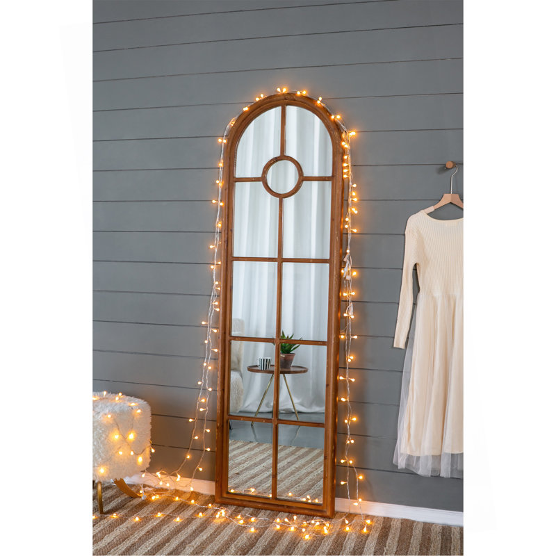 24X79" Half-Round Elongated Mirror With Decorative Window Look Classic Architecture Style Solid Fir Wood Interior Decor