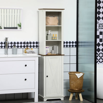 White Bathroom Linen Storage Cabinet With Triple Open Shelves, Freestanding Tower Adjustable Shelf And Door For Toiletries, Hygiene Essentials Shelves Shelf, Towels, Products