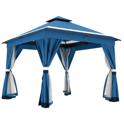 10 pi. L 10 pi. D Pavillon de jardin en acier avec double toit souple, rideaux et moustiquaire