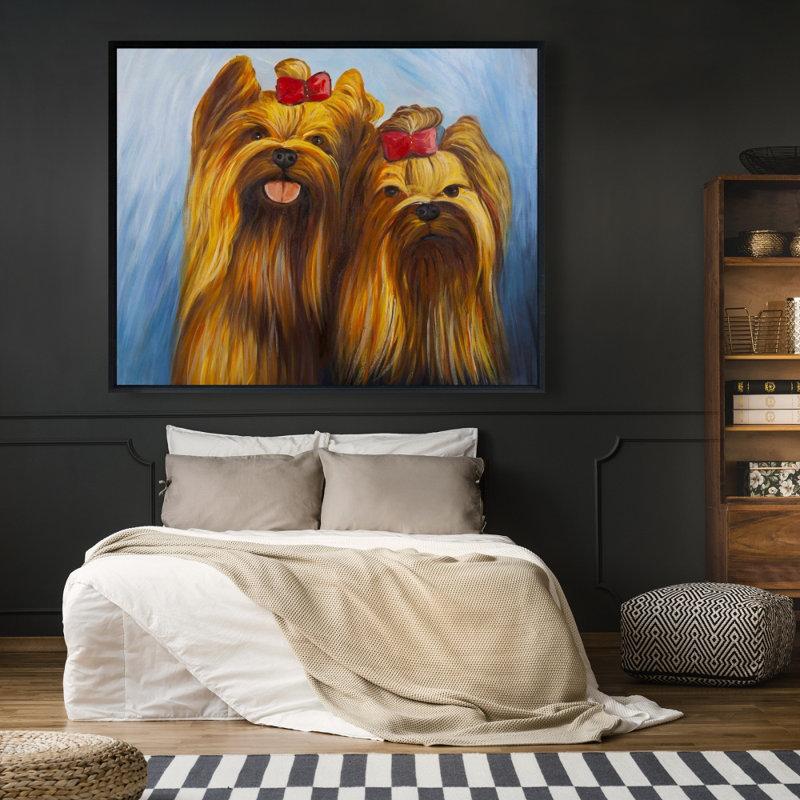 Deux chiens souriants avec nœud papillon - Art sur toile encadrée bleue, H 61,25 po x l 49,25 po