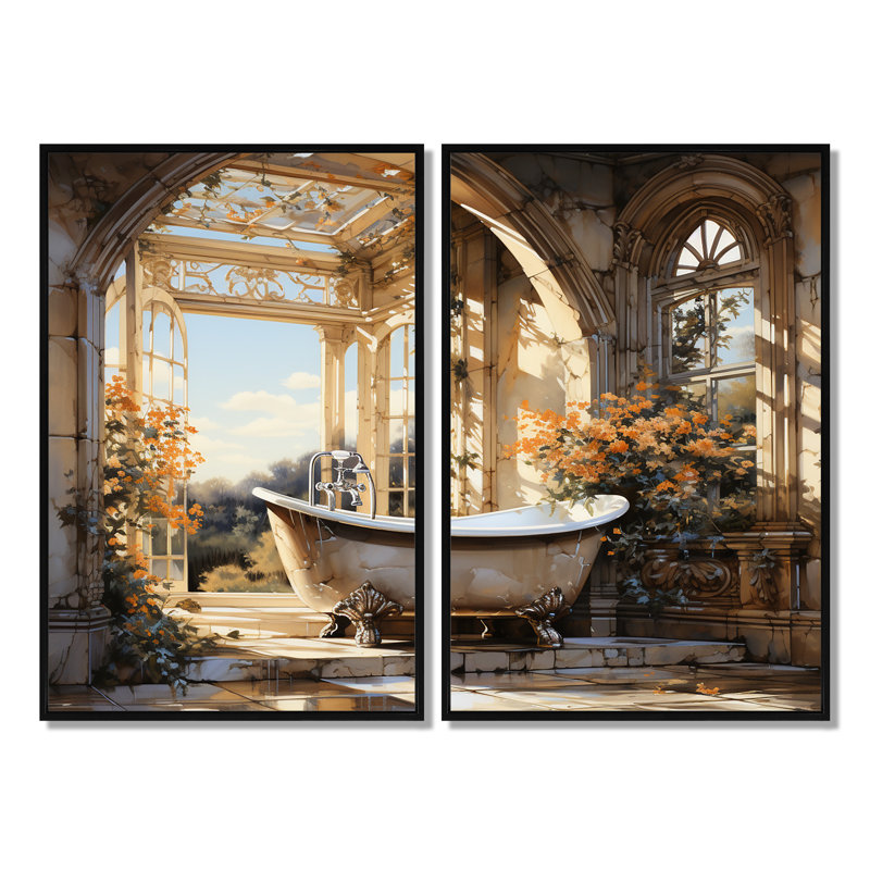 Bathroom Golden Luxe I - Blue Traditional Art Prints On Canvas, 36" H x 48" W, Framed Print without Mat, Black