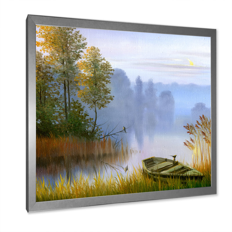 Le bateau sur la berge du lac - Peinture sur toile encadrée, H 30 po x l 30 po x P 1 po, Cadre argenté