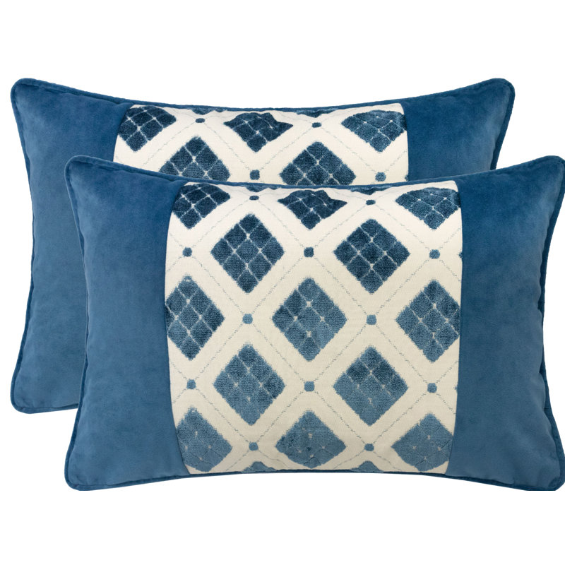Geometric Velvet Throw Pillow, Blue/White