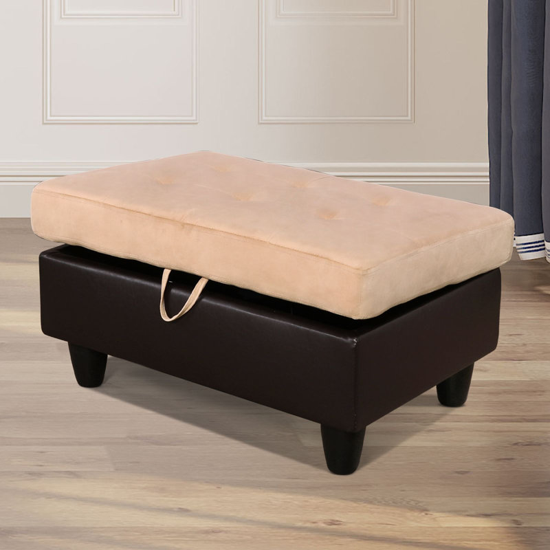 Repose-pieds de rangement en flanelle et en PVC de 35 pouces, Velours kaki / similicuir, Brun