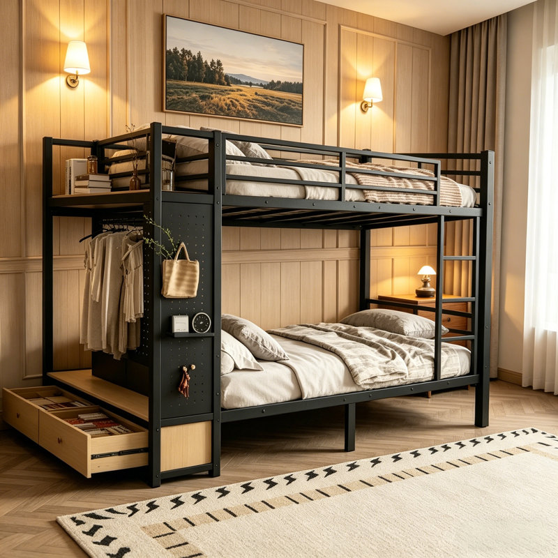 Lit superposé grand sur grand avec tablettes de rangement et tiroirs, lit superposé en métal avec panneau perforé et portemanteau, structure en métal robuste pour adolescents et adultes, conception silencieuse, peu encombrante, sans sommier, noir.