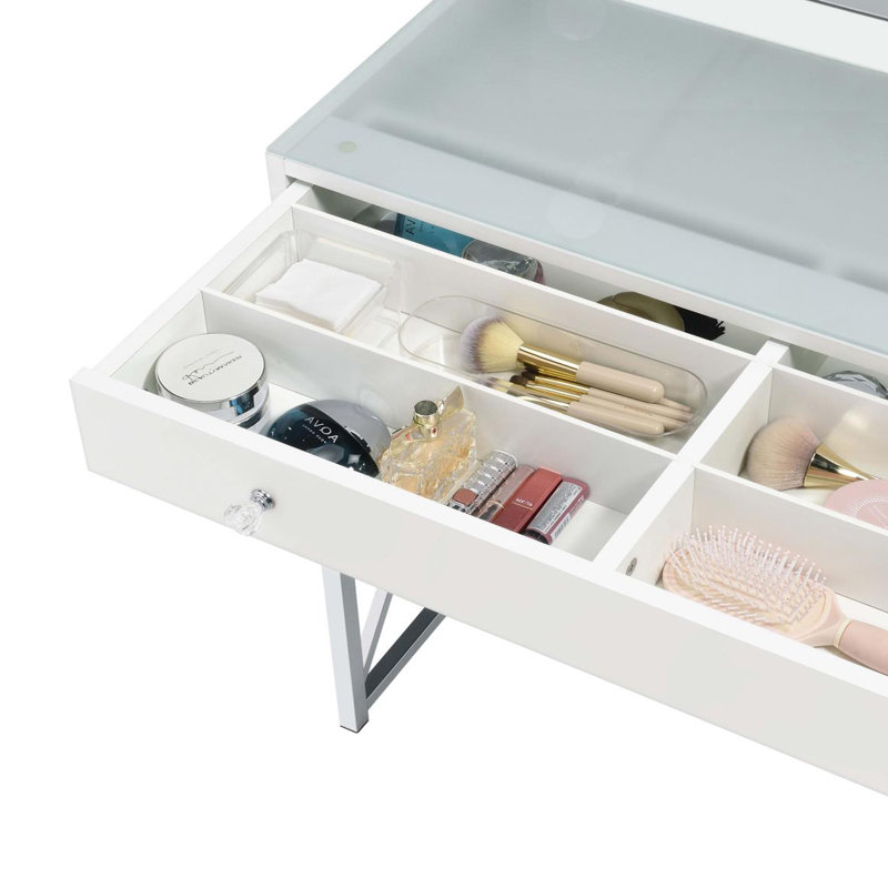 Bureau de coiffeuse à 2 tiroirs avec miroir lumineux et tabouret en blanc et chrome