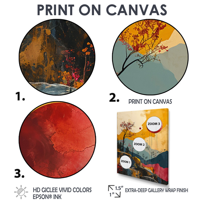 Red Moon Mountain, collage rétro - paysage abstrait, art mural, Toile tendue, H 20 po x l 12 po