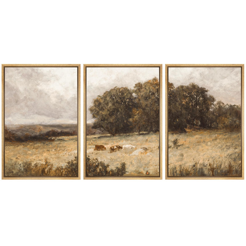 «Pastoral qui broute paisiblement des bovins dans un champ, des chênes luxuriants, un décor de nature sauvage», 3 pièces