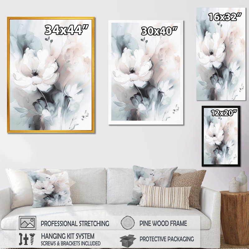 Douces fleurs gris clair II - art mural floral, Cadre photo noir, H 32 po x l 24 po