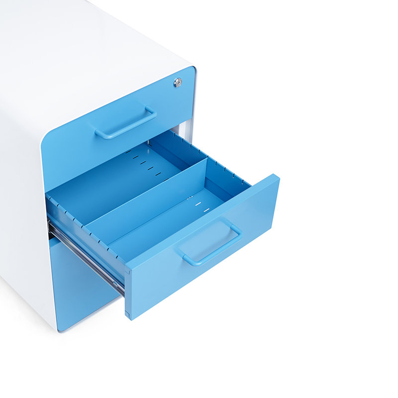  Classeur à 3 tiroirs sans roulettes Stow, Blanc / bleu piscine, Sans roulettes