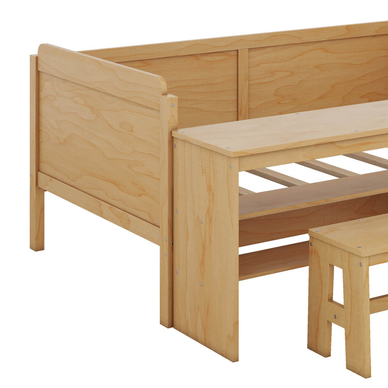 Dancy Twin Size Daybed With Desk And Shelves, Multi-Functional Bed Bed Frame With Lockers And Matching Stool, Natural