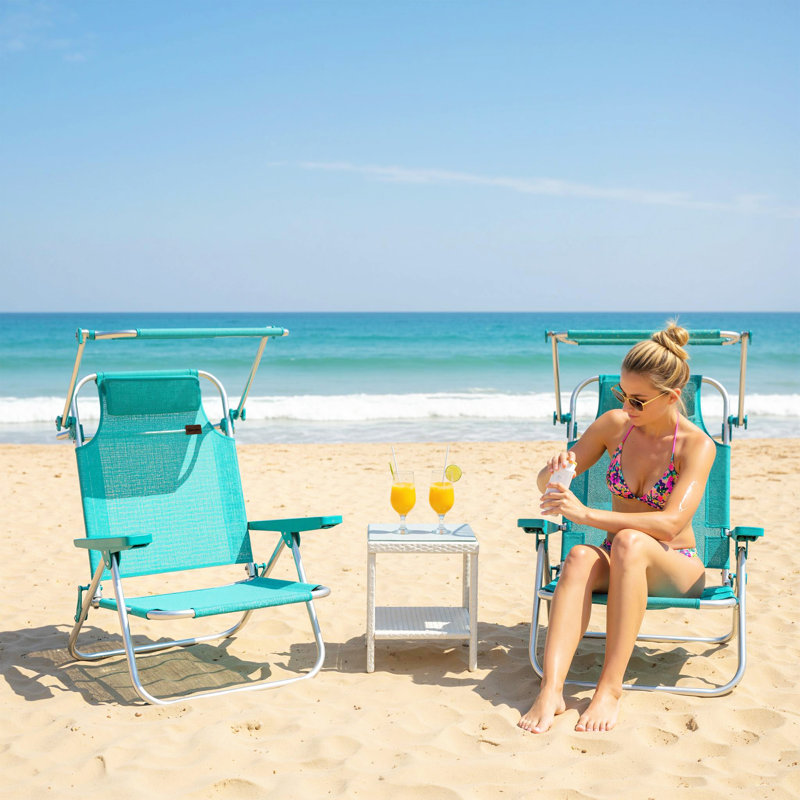 Chaises de plage pliantes 2 pièces avec auvent réglable, turquoise