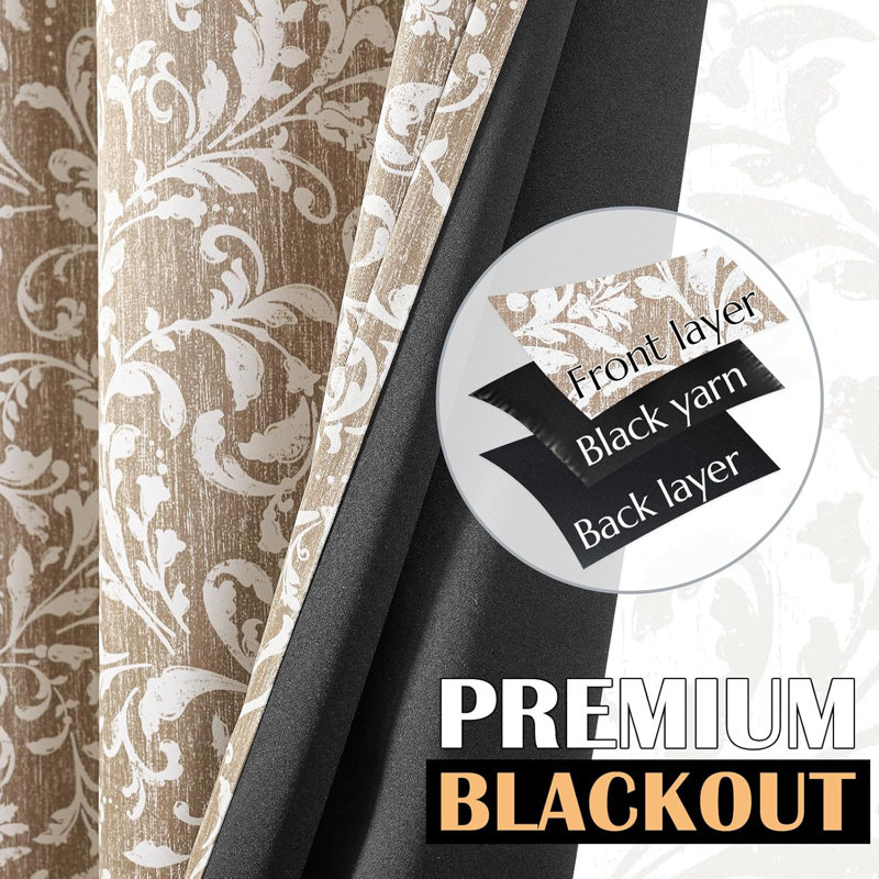 Blackout Scroll Floral Patterned Curtains for Bedroom, 52" W x 90" L