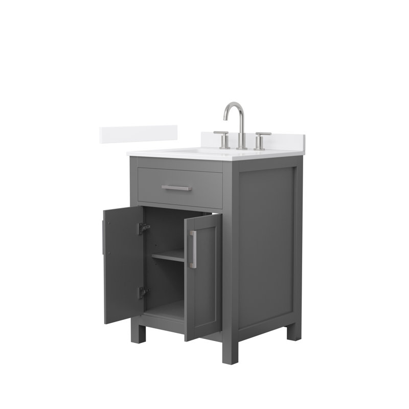 Meuble-lavabo simple autoportant 24 po avec plateau en quartz Beckett, Gris foncé, Nickel brossé, Quartz blanc