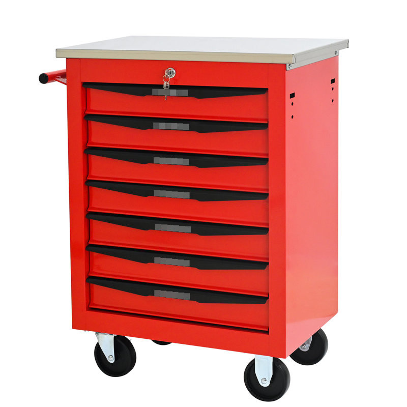 Red&Black, 7 Drawers, Metal Rolling Tool Cart, Wheels, Stainless Steel Roof, Warehouse, Workshop, , Brake, 15Kg Loading Capacity Drawer Slide, Key - Locked Storage Multifunctional, Drawer, Red&Black