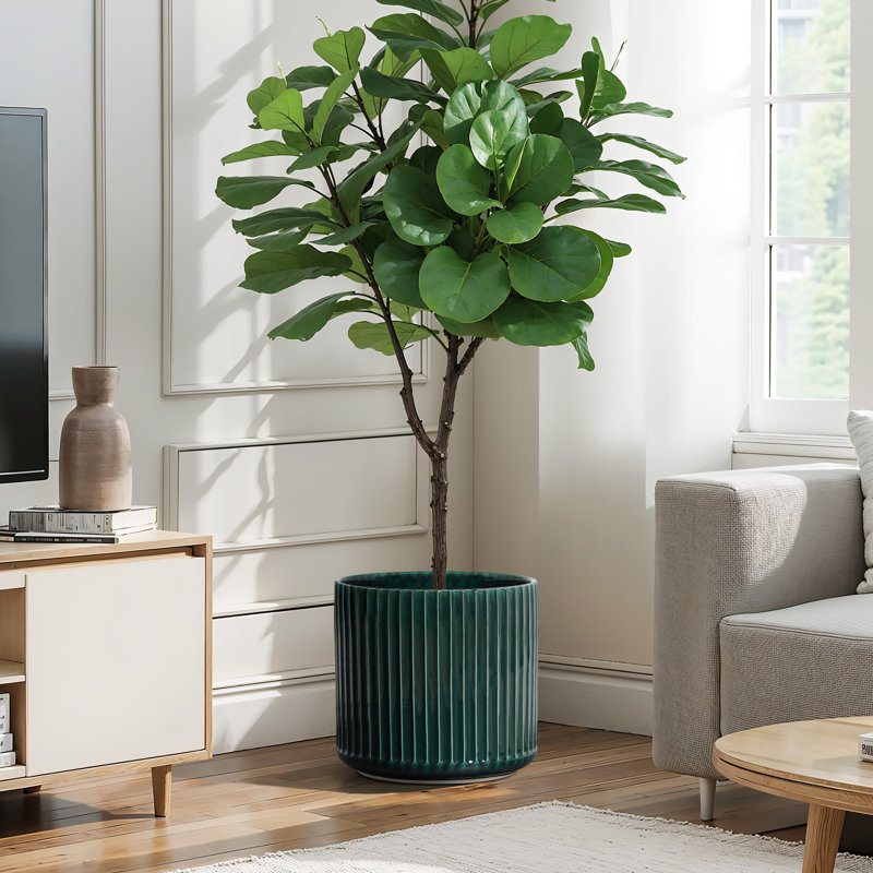 Jade Green Ribbed Round Ceramic Planter, 12.99" H x 13.78" W x 13.78" D