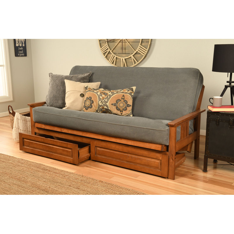 Stratford Full 79" Futon Frame and Mattress with Drawer Set, Marmont Thunder Polyester, Barbados
