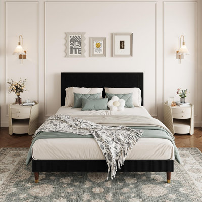 Platform Bed Frame with Headboard, Comfy Corduroy Upholstered Bed Frame with Wooden Slats Support, No Box Spring Needed