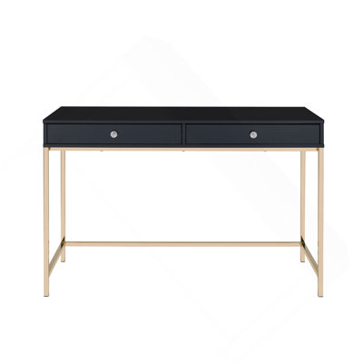 Rectangular Writing Desk With 2 Drawers, Black High Gloss And Gold