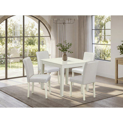 Ensemble de table de salle à manger 5 pièces comprenant une table carrée en bois et 4 chaises Parson revêtues de similicuir blanc, lin blanc