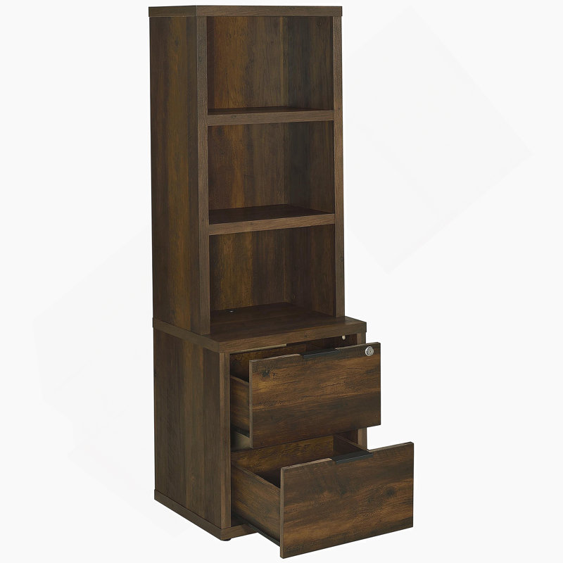 Bibliothèque à 3 tablettes avec port USB et tiroir verrouillable, Marron foncé