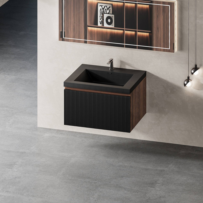 Meuble-lavabo mural avec lavabo à surface solide, Noyer, 24", Noir