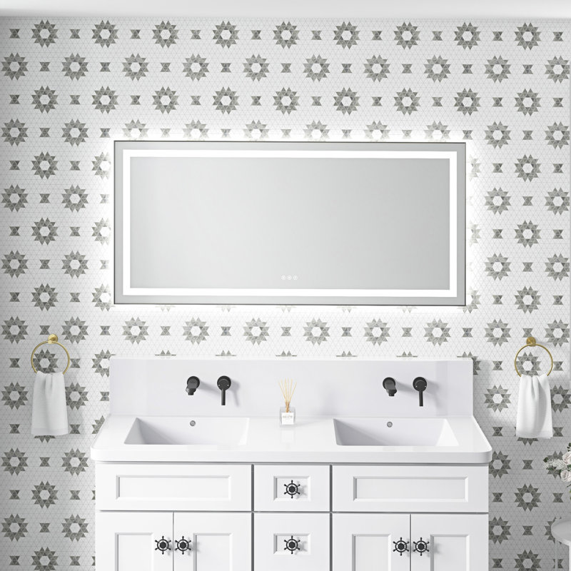 Miroir de salle de bain mural avec cadre en aluminium, façade et rétroéclairage à DEL, 3 températures de couleur, brouillard, gradation continue, miroir de salle de bain à mémoire de forme avec dimensions de 60 po x 28 po, cadre, choix, brouillard et gradation - frêne